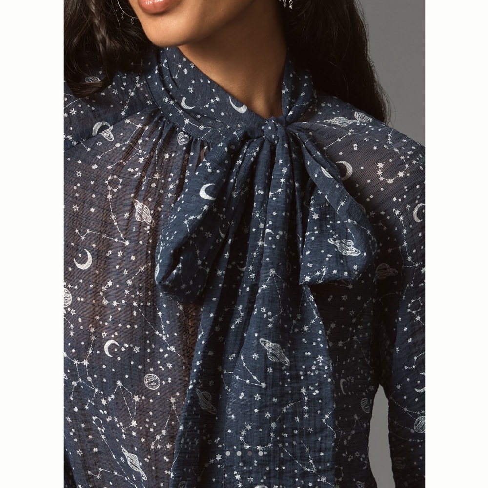 Anthropologie Navy Blue Celestial Tie-Neck Blouse